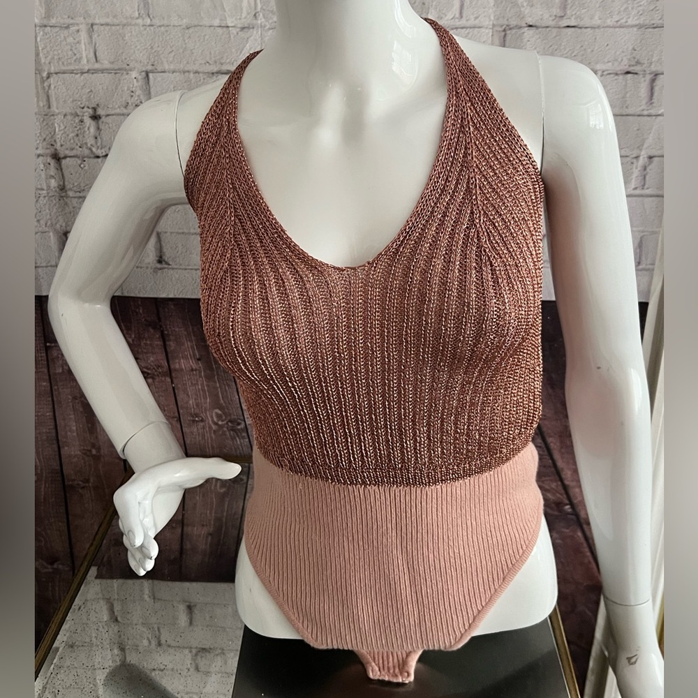 Free People Shimmer Metallic Rosegold Bodysuit-Sz S
